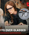 Safety Glasses Over Eyeglasses with Integrated Side Shields UV400 ANSI Z87 worn by a person working with wood.