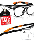 Safety Glasses Over Eyeglasses with Integrated Side Shields UV400 ANSI Z87 shown in full view and angled side view.