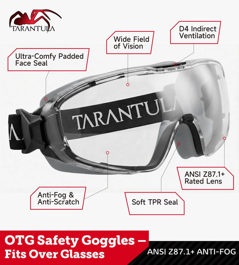 OTG Safety Goggles Over Glasses ANSI Z87.1 Plus Anti Fog UV380 Lenses Grey side view with label details