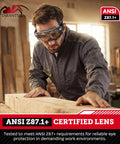 Man wearing OTG Safety Goggles Over Glasses ANSI Z87.1 Plus Anti Fog UV380 Lenses Grey while working with wood