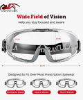 Front view of OTG Safety Goggles Over Glasses ANSI Z87.1 Plus Anti Fog UV380 Lenses Grey, highlighting wide field of vision.