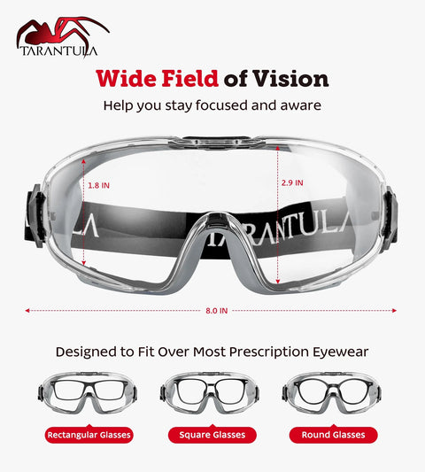 Front view of OTG Safety Goggles Over Glasses ANSI Z87.1 Plus Anti Fog UV380 Lenses Grey, highlighting wide field of vision.