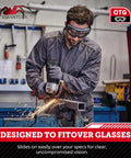 Worker using power tool wearing OTG Safety Goggles Over Glasses ANSI Z87.1 Plus Anti Fog UV380 Lenses Grey in workshop