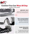 Close-up of OTG Safety Goggles Over Glasses ANSI Z87.1, featuring comfort details and adjustable headband, with focus on anti-fog UV380 lenses.