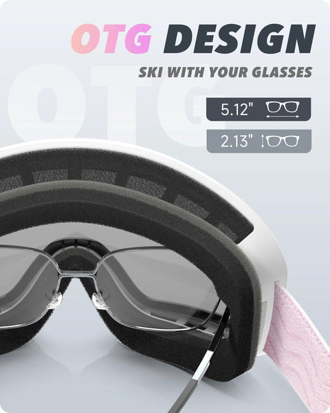 Close-up of OTG Ski Goggles With Anti Fog Lenses And UV Protection Dual Venting Red White showing glasses compatibility