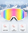 OTG Ski Goggles With Anti Fog Lenses And UV Protection Dual Venting Red White against snowy mountain background