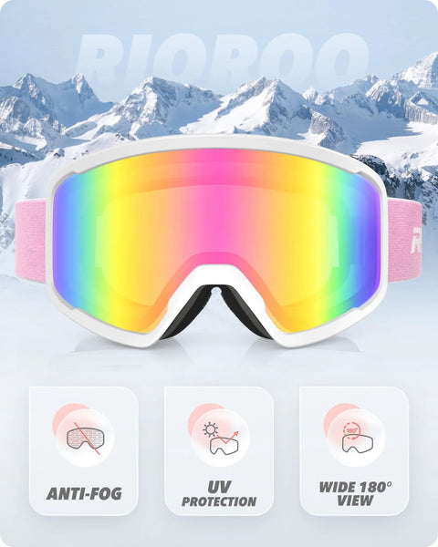 OTG Ski Goggles With Anti Fog Lenses And UV Protection Dual Venting Red White against snowy mountain background