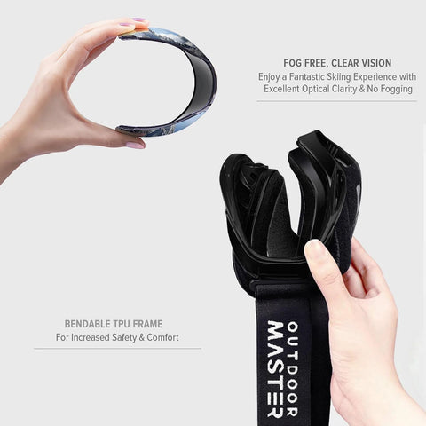 Bendable frame of OTG Ski Goggles Over Glasses For Men Women Youth Anti Fog UV Protection Lens being flexed