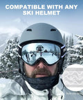 Person wearing OTG Ski Goggles With Double Lens Anti Fog Ventilation And UV Protection For All, compatible with helmets, in snowy landscape
