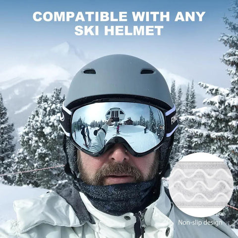 Person wearing OTG Ski Goggles With Double Lens Anti Fog Ventilation And UV Protection For All, compatible with helmets, in snowy landscape
