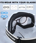 OTG Ski Goggles With Double Lens showing space for glasses, anti fog ventilation, UV protection, suitable for winter sports.