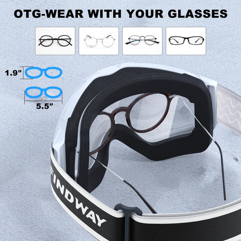 OTG Ski Goggles With Double Lens showing space for glasses, anti fog ventilation, UV protection, suitable for winter sports.