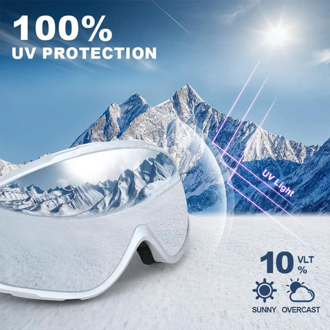 OTG Ski Goggles With Double Lens Anti Fog Ventilation And UV Protection For All in snowy mountain scene