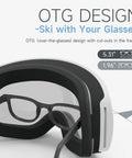 Diagram showing OTG Ski Goggles for Men Women Wide Vision Anti Fog UV Protection with glasses inside goggle frame.