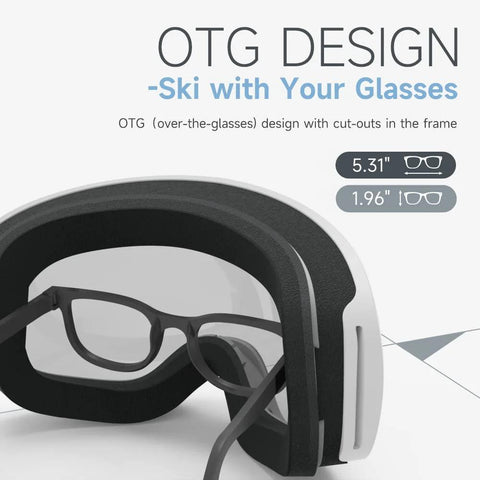 Diagram showing OTG Ski Goggles for Men Women Wide Vision Anti Fog UV Protection with glasses inside goggle frame.