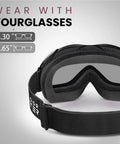 Rear view of OTG Ski Goggles Over Glasses For Men Women Youth Anti Fog UV Protection Lens with size compatibility illustration.