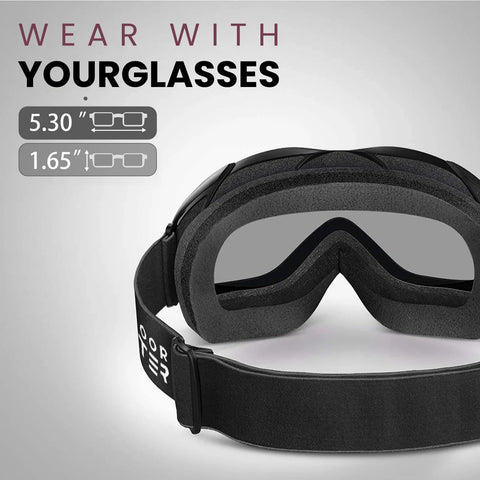 Rear view of OTG Ski Goggles Over Glasses For Men Women Youth Anti Fog UV Protection Lens with size compatibility illustration.