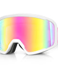 OTG Ski Goggles With Anti Fog Lenses And UV Protection Dual Venting Red White, front view showing rainbow-tinted lenses and white frame.