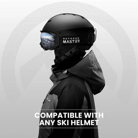 Side view of person wearing OTG Ski Goggles Over Glasses For Men Women Youth Anti Fog UV Protection Lens with ski helmet.