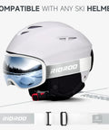 White OTG Ski Goggles For Men Women Wide Vision Anti Fog UV Protection shown with compatible helmet.