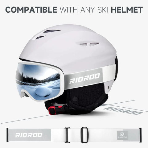 White OTG Ski Goggles For Men Women Wide Vision Anti Fog UV Protection shown with compatible helmet.