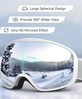 OTG Ski Goggles For Men Women Wide Vision Anti Fog UV Protection displayed with wide-view lens and snow reflection