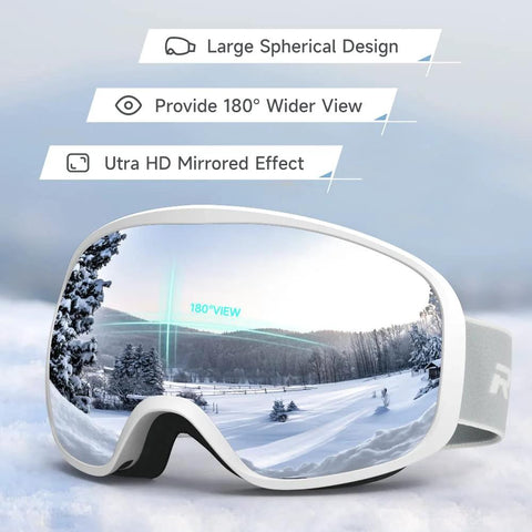 OTG Ski Goggles For Men Women Wide Vision Anti Fog UV Protection displayed with wide-view lens and snow reflection