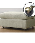 1.5 Inch Ball Caster Wheels Set Of 4 With Antique Brass Top Plate Castors For Coffee Table And Ottoman installed on ottoman, close-up view