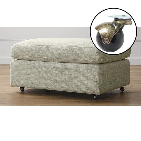1.5 Inch Ball Caster Wheels Set Of 4 With Antique Brass Top Plate Castors For Coffee Table And Ottoman installed on ottoman, close-up view