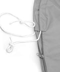 Close-up of silver marine-grade polyester with zipper and tie cords for Universal Outboard Boat Motor Cover Water Resistant Full Engine Cover