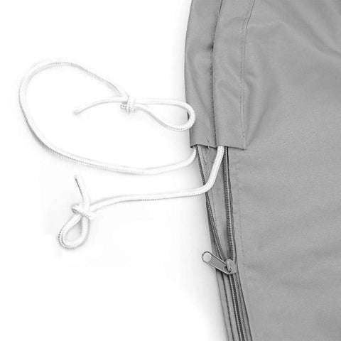 Close-up of silver marine-grade polyester with zipper and tie cords for Universal Outboard Boat Motor Cover Water Resistant Full Engine Cover
