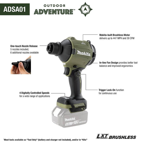 Outdoor Adventure 18V LXT Brushless Cordless High Speed Blower and Inflator Tool Only with descriptions of features