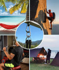 Collage of outdoor and fitness activities: beach hammock, rock climbing, pulley system, weightlifting, and camping scene.