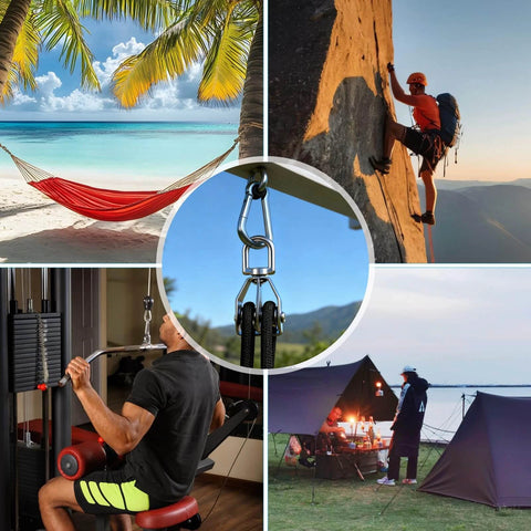 Collage of outdoor and fitness activities: beach hammock, rock climbing, pulley system, weightlifting, and camping scene.