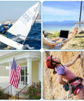 Collage of sailing, relaxing in a hammock, an American flag on a house, and rock climbing activities
