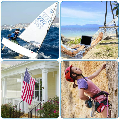 Collage of sailing, relaxing in a hammock, an American flag on a house, and rock climbing activities