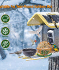 Metal Two In One Suet Ball Holder And Water Bowl For Birds installed outdoors on smart feeder during winter