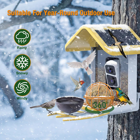 Metal Two In One Suet Ball Holder And Water Bowl For Birds installed outdoors on smart feeder during winter