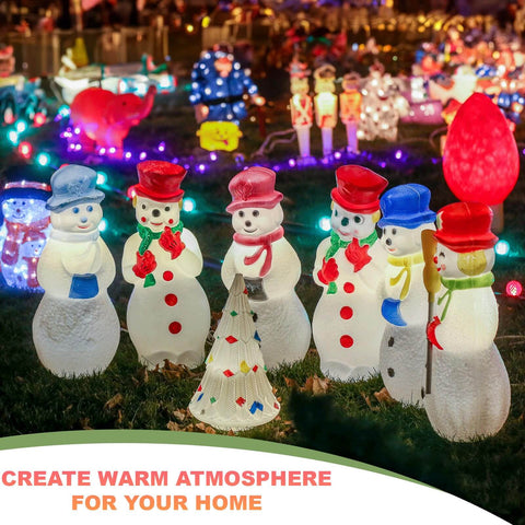 Outdoor Christmas scene with snowmen lights and decorations, featuring Two Sets Outdoor Christmas Blow Mold Light Kit Replacements.