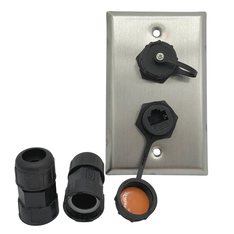 Built Tough Outdoor Ethernet Wall Plate With Dual Waterproof RJ45 CAT6 Jacks For Patios And Workshops, stainless steel outlet, IP68 coupler.