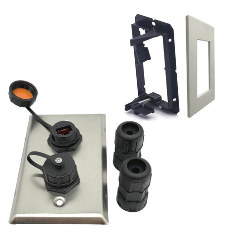 Built Tough Outdoor Ethernet Wall Plate With Dual Waterproof RJ45 CAT6 Jacks For Patios And Workshops, shown with stainless steel outlet, IP68 coupler, cable gland, and mounting bracket