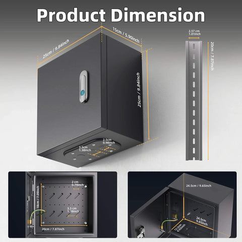 Weatherproof Outdoor Electrical Box 9.8 By 9.8 By 5.9 Inches Lockable Junction Enclosure with Din Rail Mount shown with dimensions.