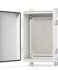 Open view of Outdoor Electrical Box IP67 Waterproof Junction Box with ABS plastic enclosure and hinged gray cover.