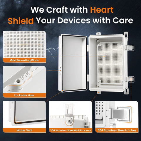 Outdoor Electrical Box IP67 Waterproof Junction Box With ABS Plastic Enclosure and Hinged Gray Cover showing interior, latches, and mounting plate.