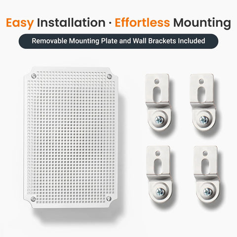 Outdoor Electrical Box IP67 Waterproof Junction Box With ABS Plastic Enclosure, removable mounting plate, and wall brackets shown.