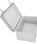 Open Outdoor Electrical Enclosure Box IP67 Weatherproof Junction Box ABS Plastic Grey with hinged cover and cable glands.