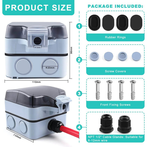 Weatherproof Outdoor Electrical Outlet Box 15A 125V With Cover NPT Half Inch Cable Glands, accessories included, front view