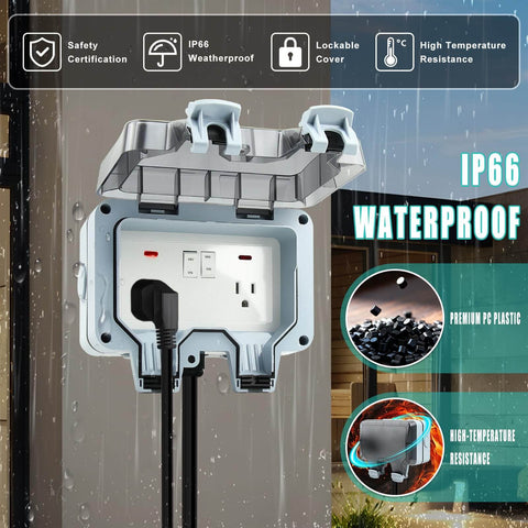 Outdoor Electrical Outlet With Switch And LED Indicator 15A 110-250V IP66 Waterproof Weatherproof Power Socket Box With Cable Glands