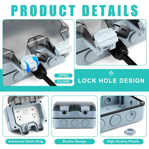 Detail of outdoor electrical outlet with switch and LED indicator 15A 110-250V IP66 waterproof power socket box and cable glands.