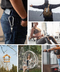 Collage of activities including hiking, exercising at gym, outdoor swing, and carabiner clipped on jeans
